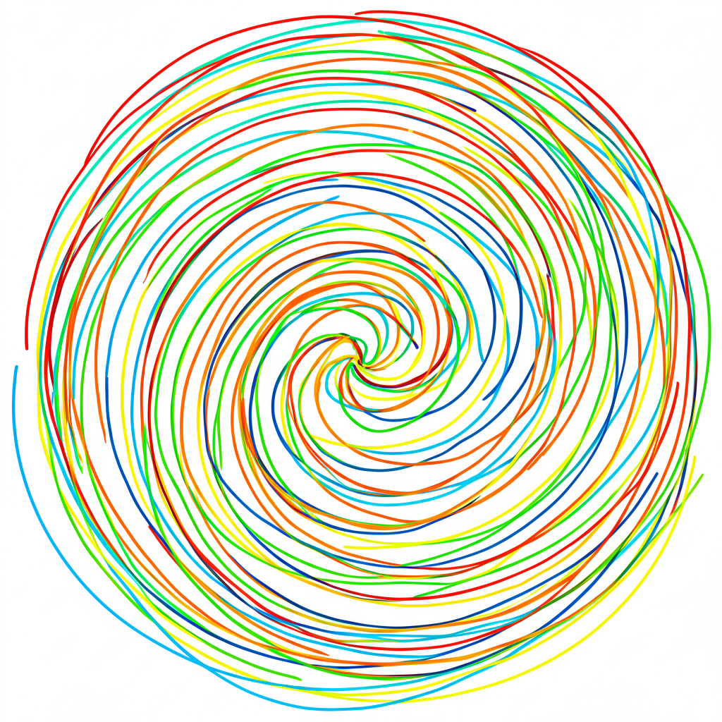 Colorful spiral doodle with lines on white background